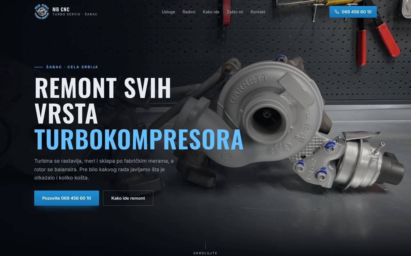 Sajt: MB CNC Turbo Servis — remont turbokompresora, Šabac